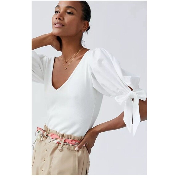 Mauve By Anthropology White Puff Sleeve Bow-tie Blouse Size‎ XSP - Picture 1 of 8